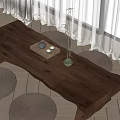 Natural Wooden Dining Table Set with Woven Stools Tray and Small Plant