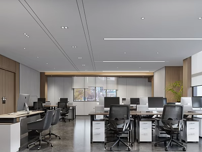 Modern Public Office Space with Desks Computers Black Office Chairs Wooden Partitions and Bright Lighting 3d model