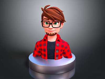 Cartoon Man Bust With Brown Hair Beard Glasses And Red Plaid Shirt 3d model