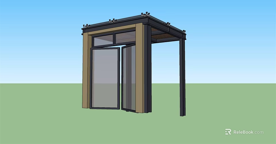 Modern Entrance Gate With Canopy Wooden Metal Frame And Glass Doors 3d model 