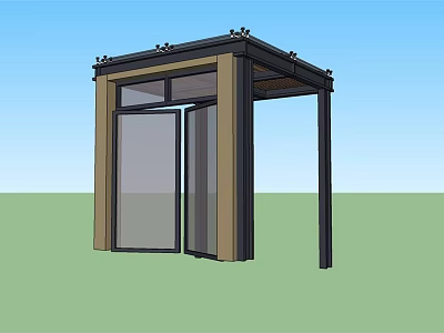 Modern Entrance Gate With Canopy Wooden Metal Frame And Glass Doors 3d model