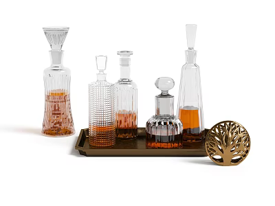 Elegant Wine Bottles And Glasses On Decorative Tray With Transparent Designs 3d model