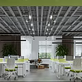 Modern Office Corridor With Wooden Walls Glass Partitions Green Plants Decorative Painting And Gray Floor