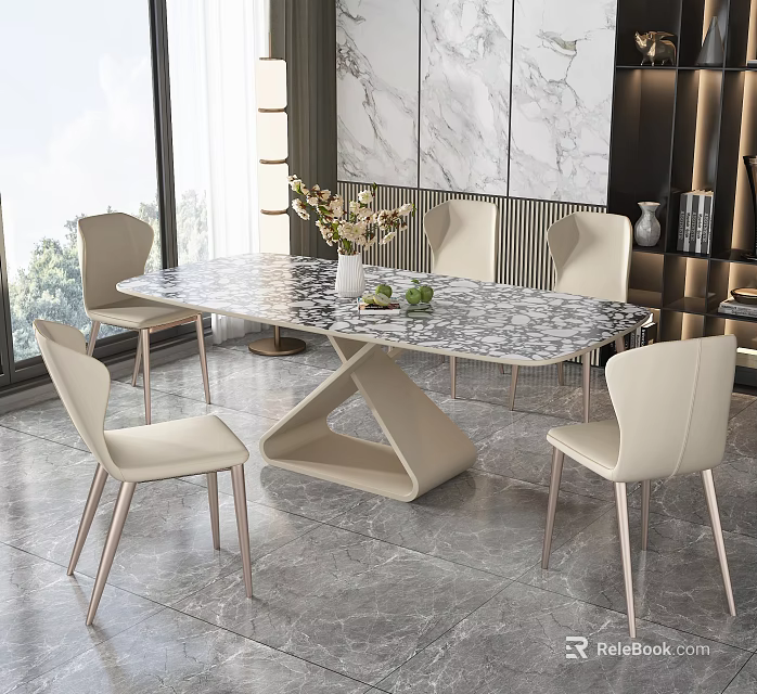 Modern Dining Table Set With Marble Tabletop Geometric Base And Light Colored Metal Legged Chairs 3d model