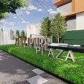 Modern Commercial Landscape With White Architectural Structures Geometric Plaza Trees And Open Sky