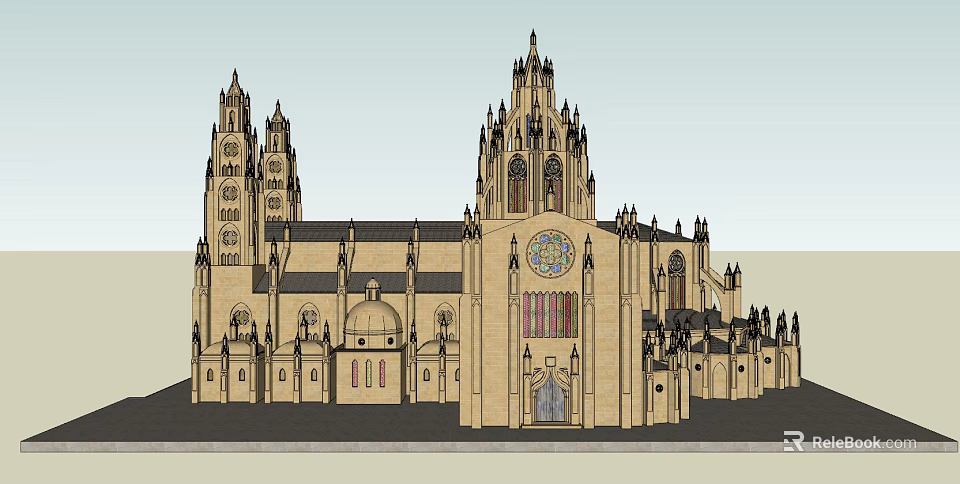 Ancient Gothic Architecture With Spires Stained Glass Windows And Arched Doorways 3d model 