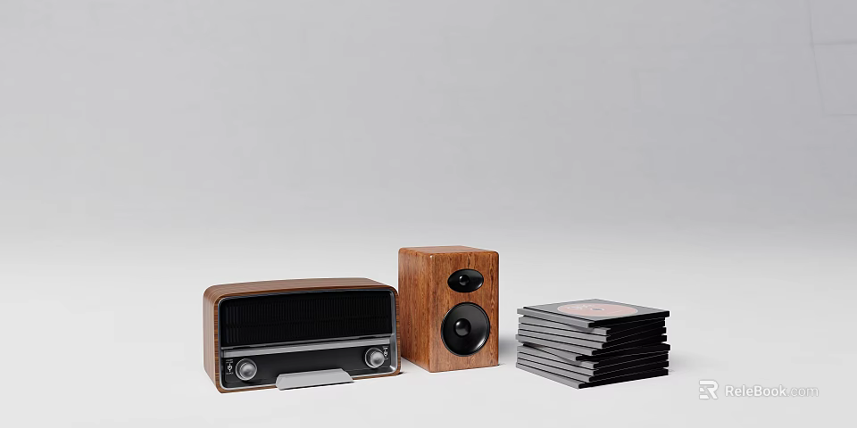 Vintage Radio And Wooden Speaker Setup With Stacked CDs On Gray Background 3d model 