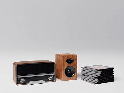 Vintage Radio And Wooden Speaker Setup With Stacked CDs On Gray Background 3d model