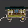 Vintage Carriage House With Green Roof Yellow Brown Body And White Spoked Wheels