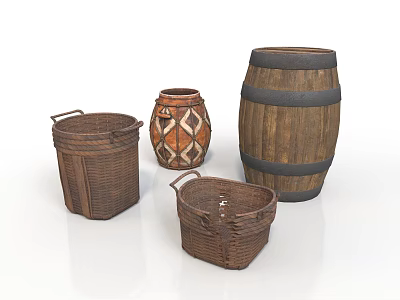 Wicker Baskets Ceramic Jar With Geometric Patterns And Striped Wooden Barrel Household Essentials 3d model
