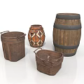 Wicker Baskets Ceramic Jar With Geometric Patterns And Striped Wooden Barrel Household Essentials