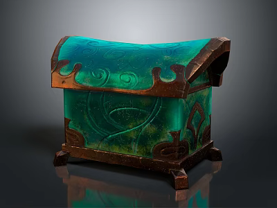 Green Decorative Chest With Ornate Copper Trim Carved Patterns And Legs 3d model
