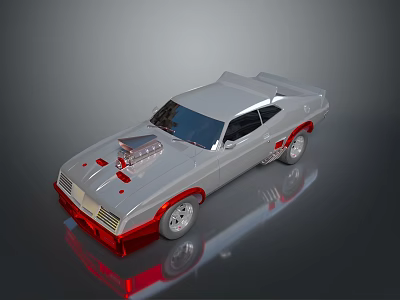 Silver And Red Muscle Car With Shiny Engine Hood Design And Reflective Wheels 3d model