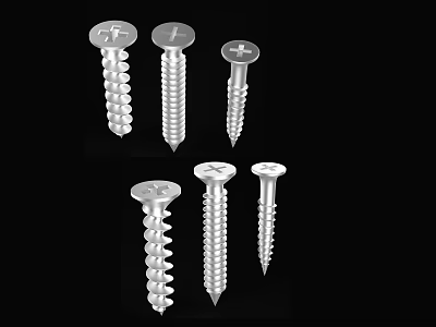 Six Silver Hardware Screws with Different Sizes and Shapes on Black Background 3d model