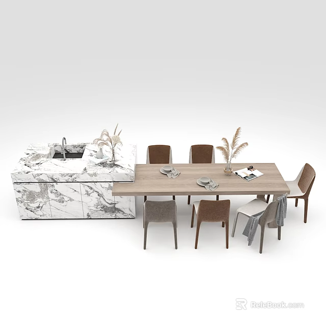 Dining Table Set With Wooden Table Marble Island Chairs Tableware And Decorative Plants 3d model