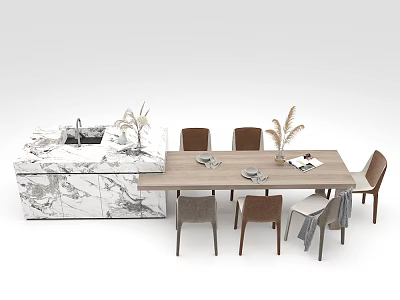 Dining Table Set With Wooden Table Marble Island Chairs Tableware And Decorative Plants 3d model
