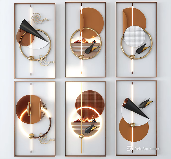 Modern Geometric Wall Decor With Brown Black White Shapes And Gold Frames 3d model