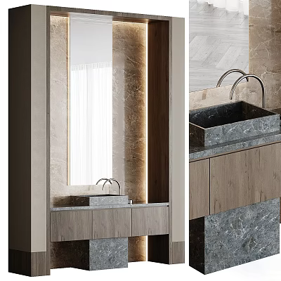 Elegant Washbasin Vanity with Marble Countertop Wooden Cabinets Double Faucets Mirror and Textured Wall 3d model