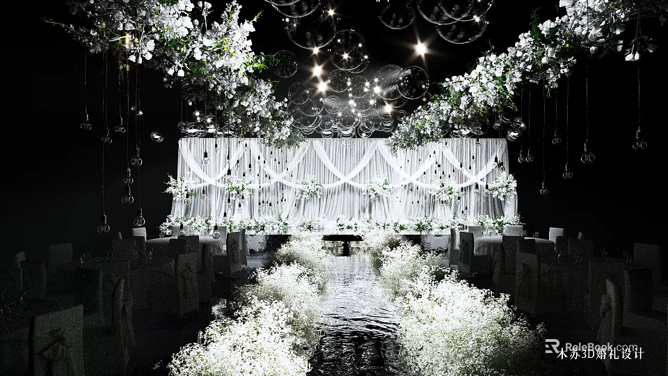 Banquet Hall with White Floral and Hanging Bubble Decorations White Drapery Backdrop and Lighting 3d model 