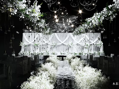 Banquet Hall with White Floral and Hanging Bubble Decorations White Drapery Backdrop and Lighting 3d model