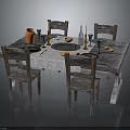 Wooden Dining Table With Four Chairs Tablecloth Clay Pot Candles Wine Glasses And Fruits