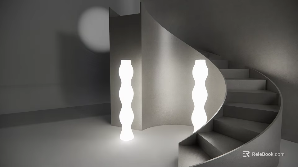 Modern Spiral Staircase Interior With White Wavy Floor Lamps And Soft Lighting 3d model 