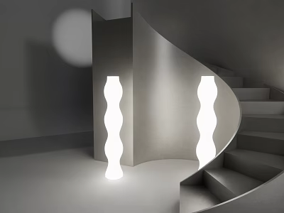 Modern Spiral Staircase Interior With White Wavy Floor Lamps And Soft Lighting 3d model