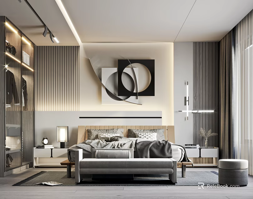 Modern Bedroom Interior With King Bed Decorative Art Nightstand And Ambient Lighting 3d model 