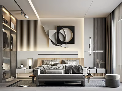 Modern Bedroom Interior With King Bed Decorative Art Nightstand And Ambient Lighting 3d model