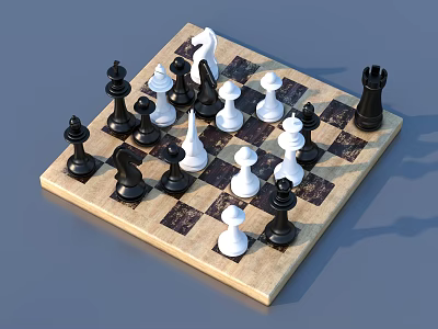 Classic Chess Game Setup On Wooden Chessboard With Black White Pieces 3d model