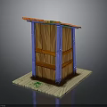Wooden Panel Structure With Blue Frame Orange Roof And Green Details On Platform Base