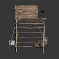 Wooden Scaffolding Construction Structure with Platform Ladder and Stacked Wooden Planks