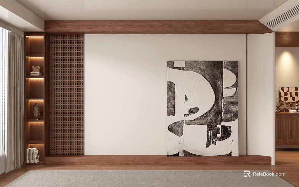 Modern Luxury Sofa Background Wall Design With Wooden Frame Grid And Art Painting 3d model 