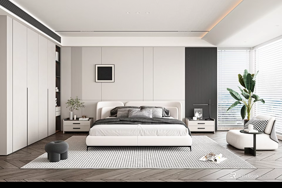 Modern Bedroom Interior With White Bed Nightstands Plant Wardrobe And Area Rug 3d model 