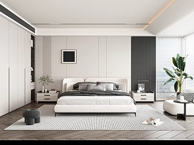 Modern Bedroom Interior With White Bed Nightstands Plant Wardrobe And Area Rug 3d model