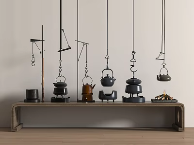 Elegant Traditional Teaware Display With Hanging Teapots And Ceramic Cups On Wooden Shelf 3d model
