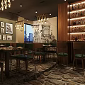 Cozy Restaurant Interior With Hanging Chandeliers Wooden Tables Green Chairs And Large Windows