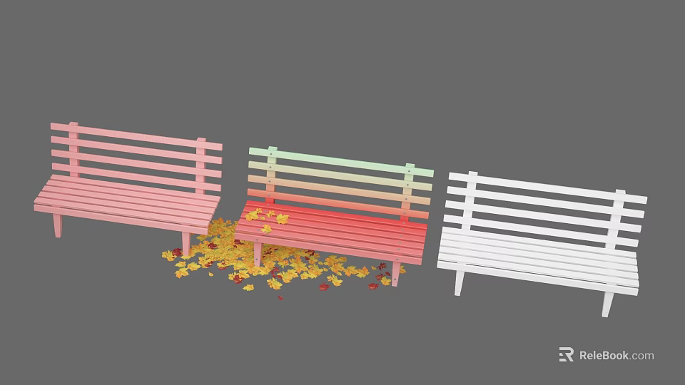 Pink Gradient Red Green and White Public Chairs with Fallen Yellow and Red Leaves 3d model 