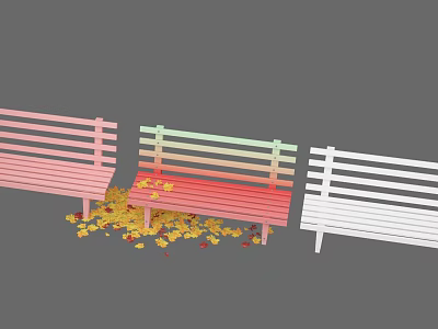 Pink Gradient Red Green and White Public Chairs with Fallen Yellow and Red Leaves 3d model