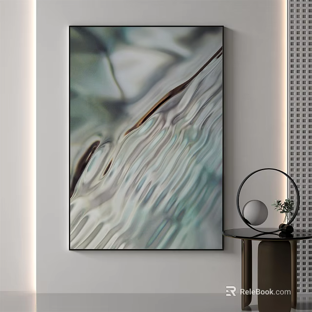 Abstract Wall Art With Green White Brown Hues Black Table Circular Decor And Small Plant 3d model 