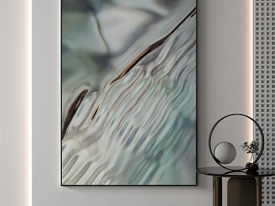 Abstract Wall Art With Green White Brown Hues Black Table Circular Decor And Small Plant 3d model