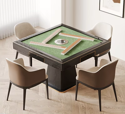 Modern Entertainment Table With Green Surface Circular Center Dark Legs And Beige Brown Chairs 3d model