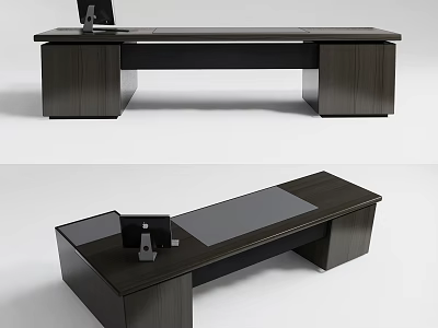 Modern Dark Wood Office Desk With Computer Monitor And Spacious Work Surface 3d model