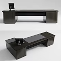 Modern Dark Wood Office Desk With Computer Monitor And Spacious Work Surface