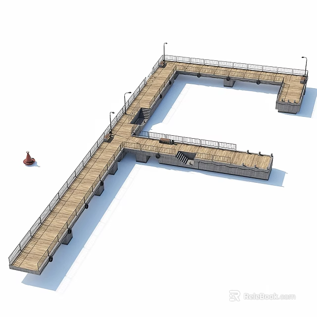 Garden Ornament Featuring Wooden Cross Walkway With Railings Street Lamps And Red Decor 3d model 