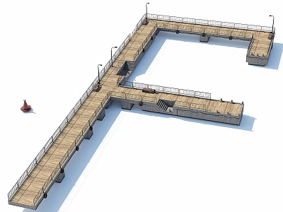 Garden Ornament Featuring Wooden Cross Walkway With Railings Street Lamps And Red Decor 3d model