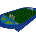 Outdoor Sports Stadium With Green Soccer Field Blue Running Track And Goalposts For Fitness