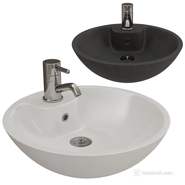 Modern Round White and Black Countertop Washbasin with Chrome Faucet Design 3d model 