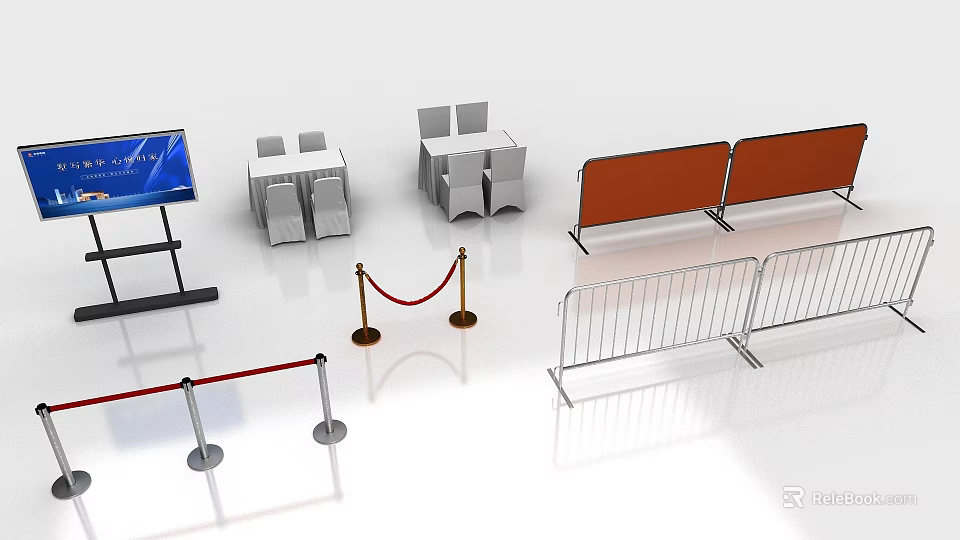 Different Types Of Event Barriers Including Red Rope Metal And Orange Fences 3d model 