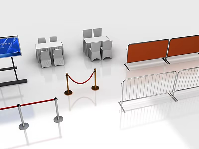 Different Types Of Event Barriers Including Red Rope Metal And Orange Fences 3d model